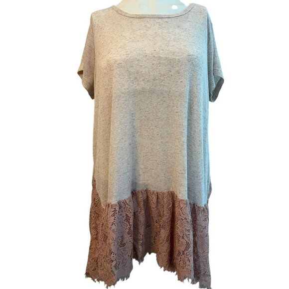 UMGEE Ladies Medium Oatmeal Short Sleve Tunic Top Lace Hem Pullover Blouse - Picture 1 of 6